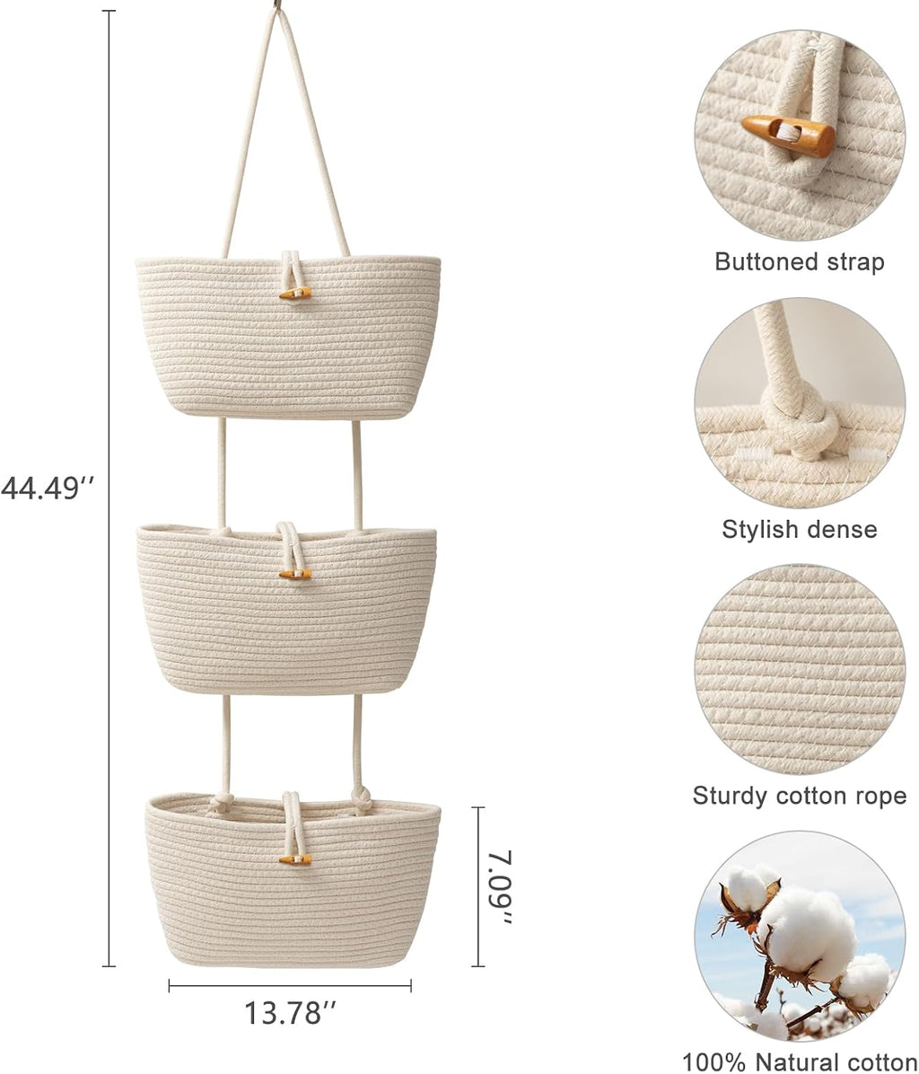 Over the Door Hanging Baskets with Button Strap, 3-Tier Woven Cotton Storage Organizer Bag, Wall-Mounted with Hook Decorative Hanging Kitchen Baskets - White