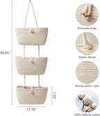 Over the Door Hanging Baskets with Button Strap, 3-Tier Woven Cotton Storage Organizer Bag, Wall-Mounted with Hook Decorative Hanging Kitchen Baskets - White