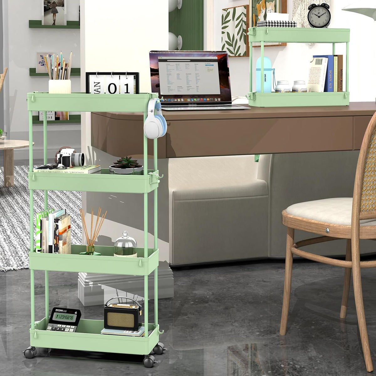 SPACEKEEPER Slim Rolling Storage Cart, 4 Tier Bathroom Cart Organizer,Green