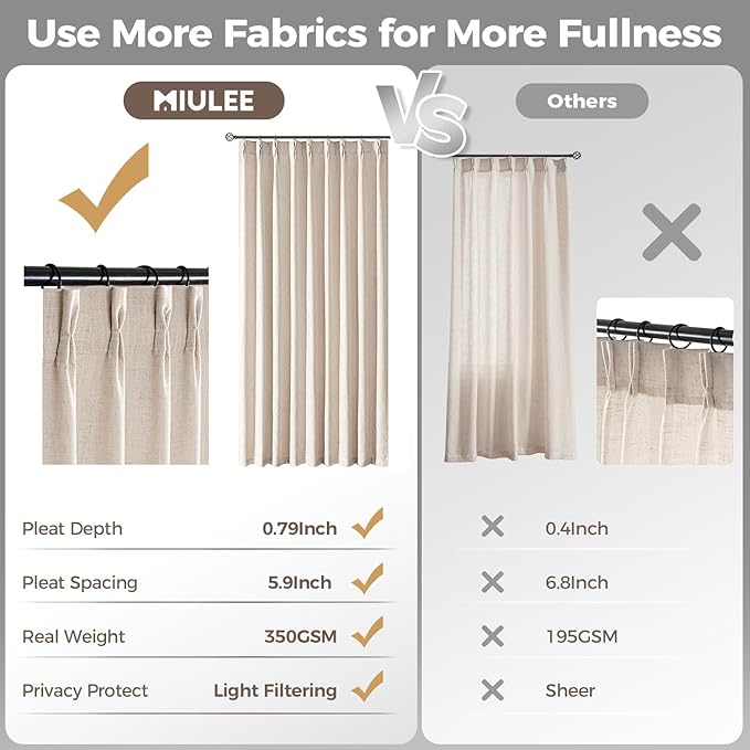 MIULEE Pinch Pleated Thick Linen Curtains 90 Inches Long 2 Panels - Image 6