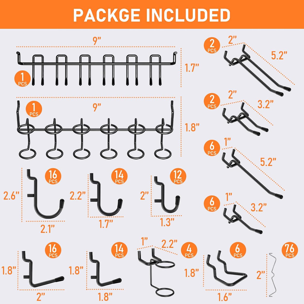 INCLY 176PCS Black Pegboard Hooks with Peg Locks, 1/4" Heavy Duty Metal