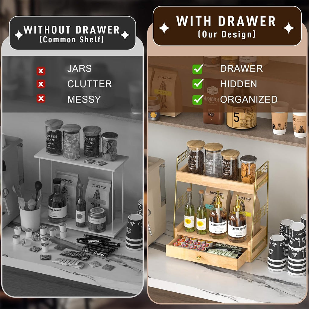 Coffee Bar Station Organizer with Drawer, 2-Tier Countertop Shelf (Natural)