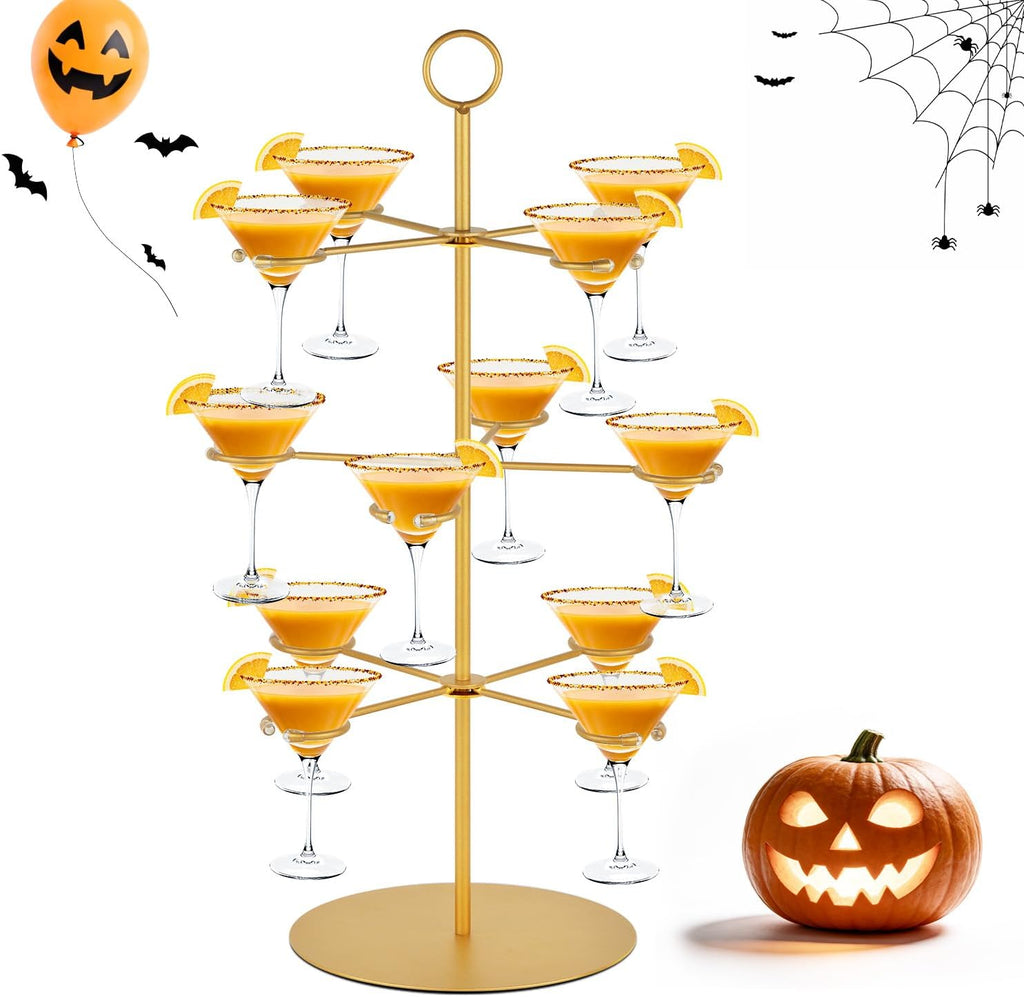 QPIX DIGITAL Champagne Tower,Metal Cocktail Tree Stand 3 Tier - 12 Holders For Champagne, Cocktails, Martini, Margarita Cups at Weddings,Bridal Parties & Events,Cocktail Glass Gold Holder