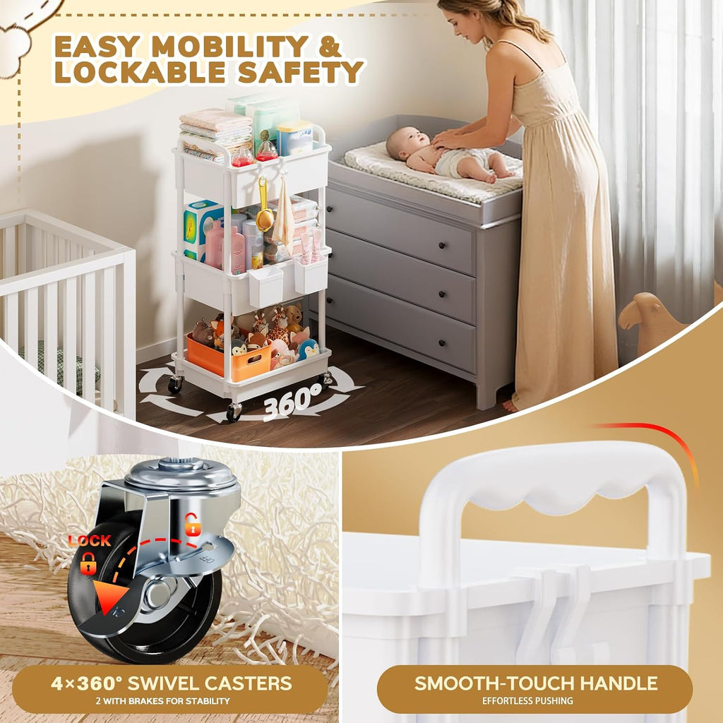 Diaper Cart with Lockable Wheels and Easy Assembly, 3 Tier White