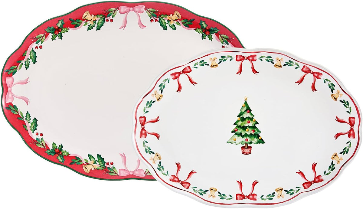 Bico Santa On The Way 16 plus 14 inch Scalloped Oval Platters Set, Set of 2, Microwave and Dishwasher Safe, for Serving Fish, Chicken, Turkey