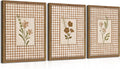 Framed Vintage Floral Wall Art Set of 3, Neutral Wildflower Botanical Canvas Wall Decor Paintings, Cottagecore Gingham Flower Posters Prints Pictures for Living Room Bedroom Bathroom 12x16 Inch