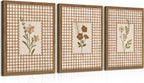 Framed Vintage Floral Wall Art Set of 3, Neutral Wildflower Botanical Canvas Wall Decor Paintings, Cottagecore Gingham Flower Posters Prints Pictures for Living Room Bedroom Bathroom 12x16 Inch