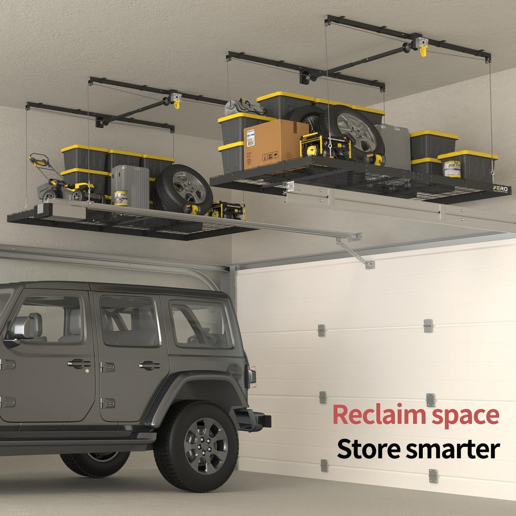 Garage Ceiling Storage Racks – 4x8 FT Overhead Garage Storage Rack with Safety Lock, Heavy-Duty Ceiling Mounted Lift System and Storage Organizer, Ideal for Maximizing Overhead Space, 325 lbs Capacity