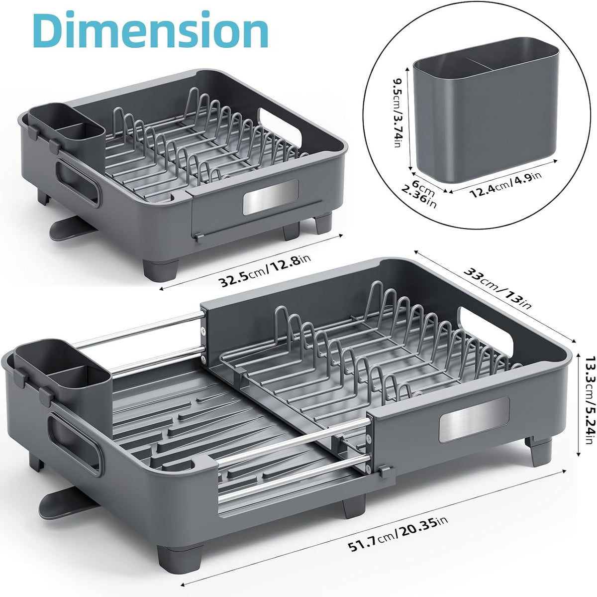 TOOLF Extendable Dish Drying Rack for Small Kitchen Counter, Gray