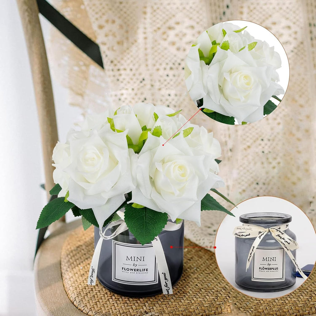 XIAYAN Artificial Flower and Glass vase, Silk Rose Flower Glass Bottle Set, Suitable for Living Room, Dining Table, Office, Wedding, Hotel Banquet and Family Decoration. (White)………