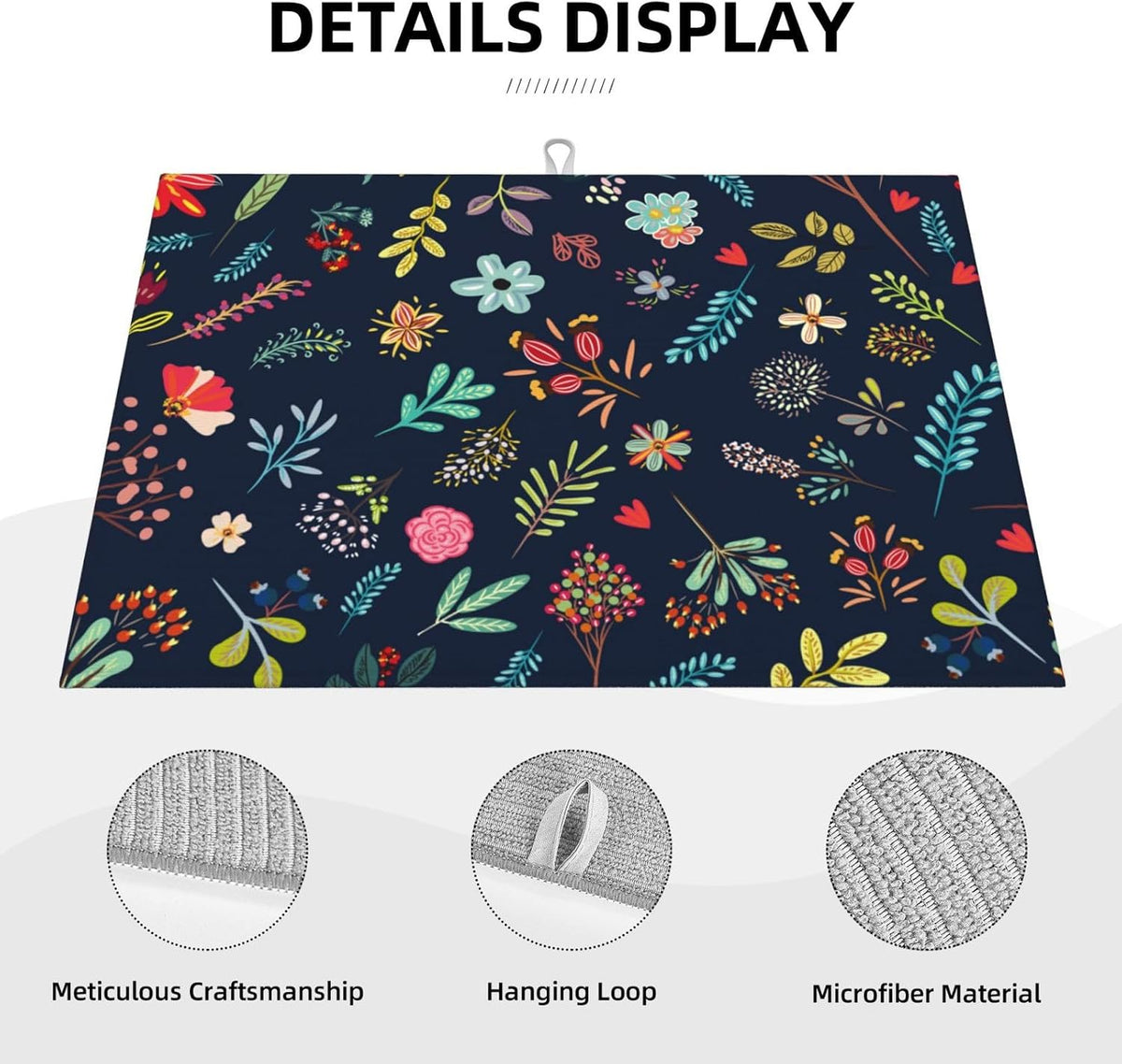 Coffee Pattern Drying Pad, Floral Dish Drying Mat, 18 x 24 Inch