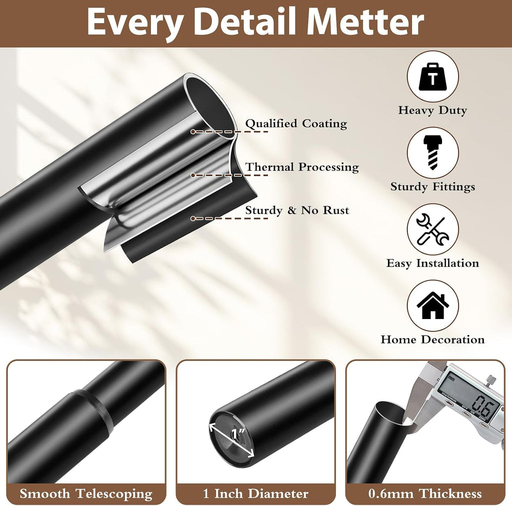 TONIAL Black Double Curtain Rods for Windows, 72-150 Inch, Simple Finials