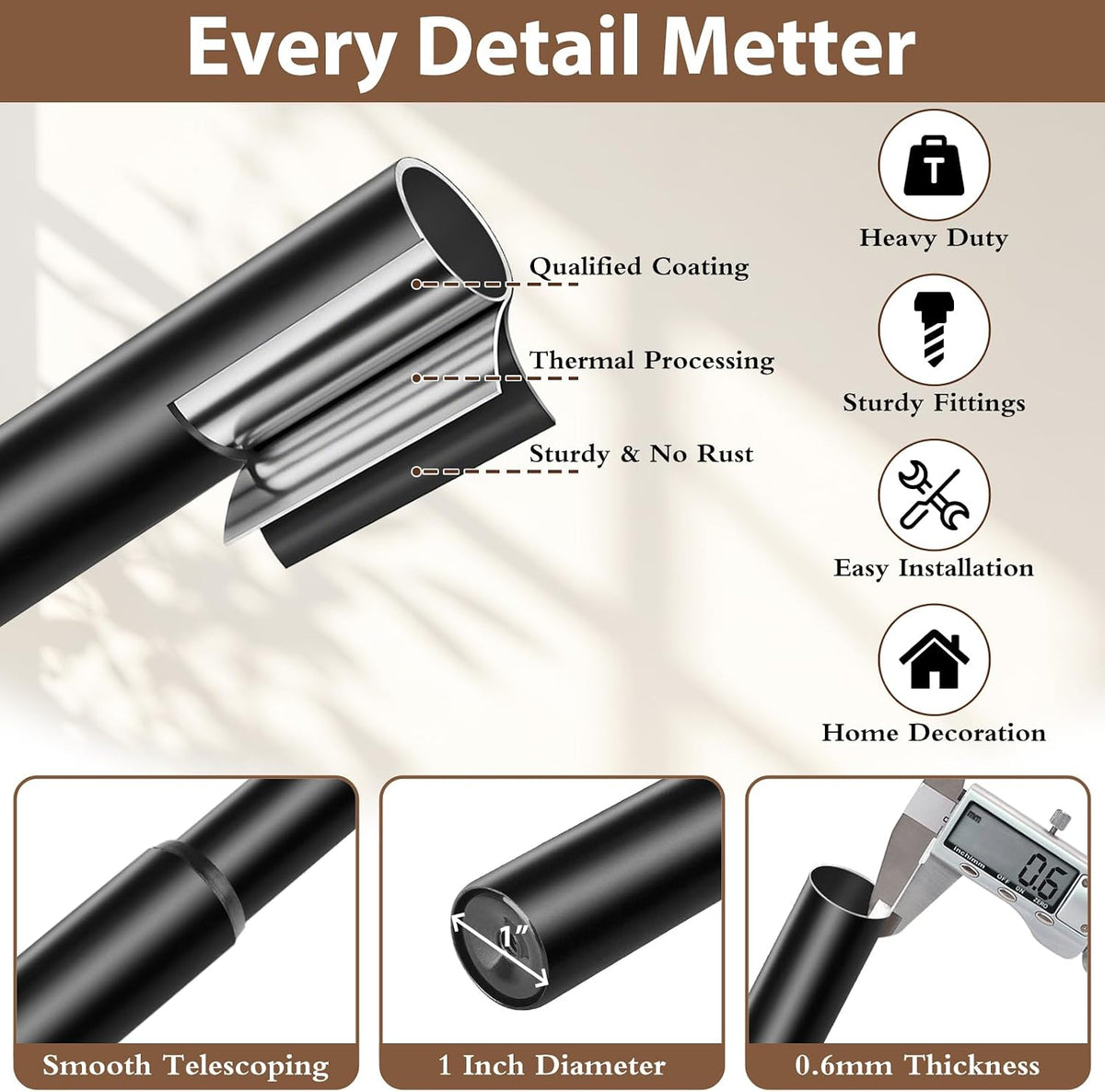 TONIAL Black Double Curtain Rods for Windows, 72-150 Inch, Simple Finials