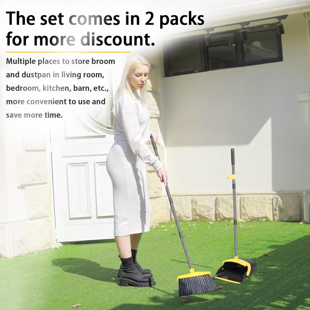 2 Pack is More economical,Brooms with Dustpan Combo Set， with 52" Long Handle, Dustpan Teeth with self-Cleaning Function, Indoor and Outdoor Sweeping, Perfect for Home Office (Large/Yellow/ 2-Pack)