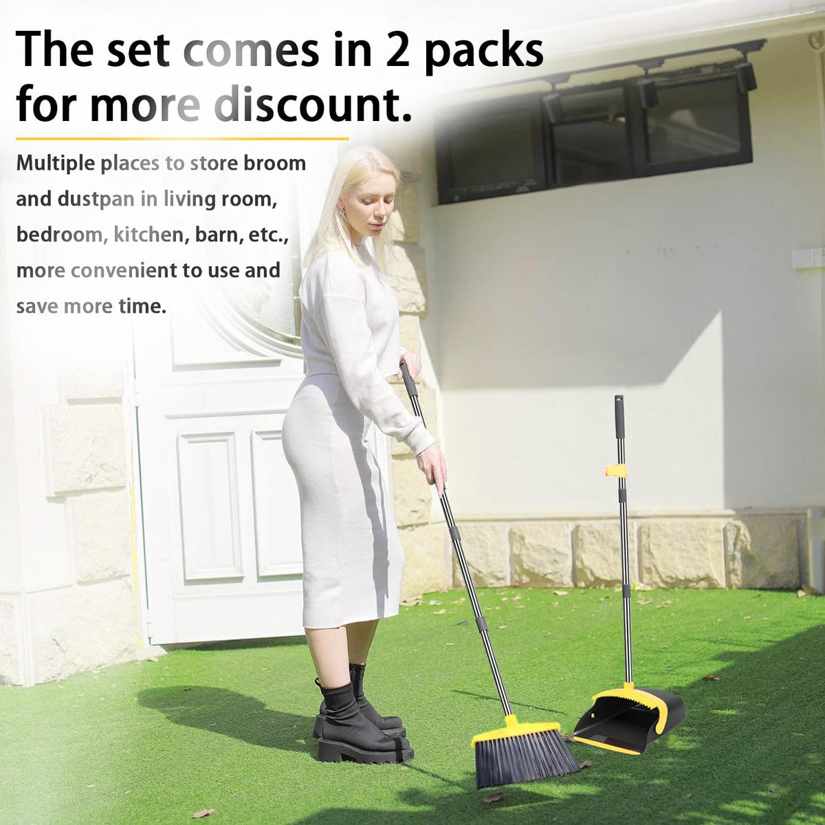 2 Pack is More economical,Brooms with Dustpan Combo Set， with 52" Long Handle, Dustpan Teeth with self-Cleaning Function, Indoor and Outdoor Sweeping, Perfect for Home Office (Large/Yellow/ 2-Pack)