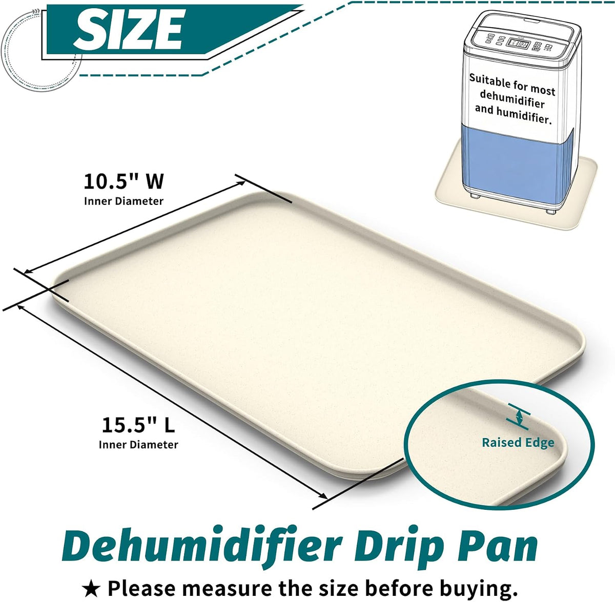 Daisypower Dehumidifier Drip Pan - 15 1/2''x10 1/2'' Leak-Proof Hard Plastic Pans with Raised Edge | Non-Slip & Water-Resistant | Protects Floors & Carpets | for Small Dehumidifiers/Humidifiers