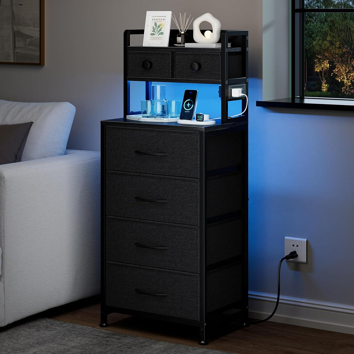 REAHOME 41 Inch LED Nightstand with Charging Station Dark Gray