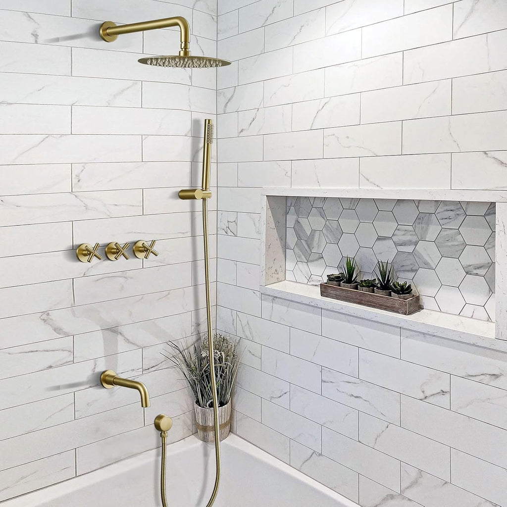 RBROHANT Brushed Gold Shower System with Tub Spout, Brass Bathtub Shower Faucet Set with 3 Way Rough-in Valve,10 Inch Round Shower Head Set with Tub Spout and Handheld, JK0299