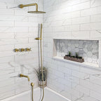RBROHANT Brushed Gold Shower System with Tub Spout, Brass Bathtub Shower Faucet Set with 3 Way Rough-in Valve,10 Inch Round Shower Head Set with Tub Spout and Handheld, JK0299