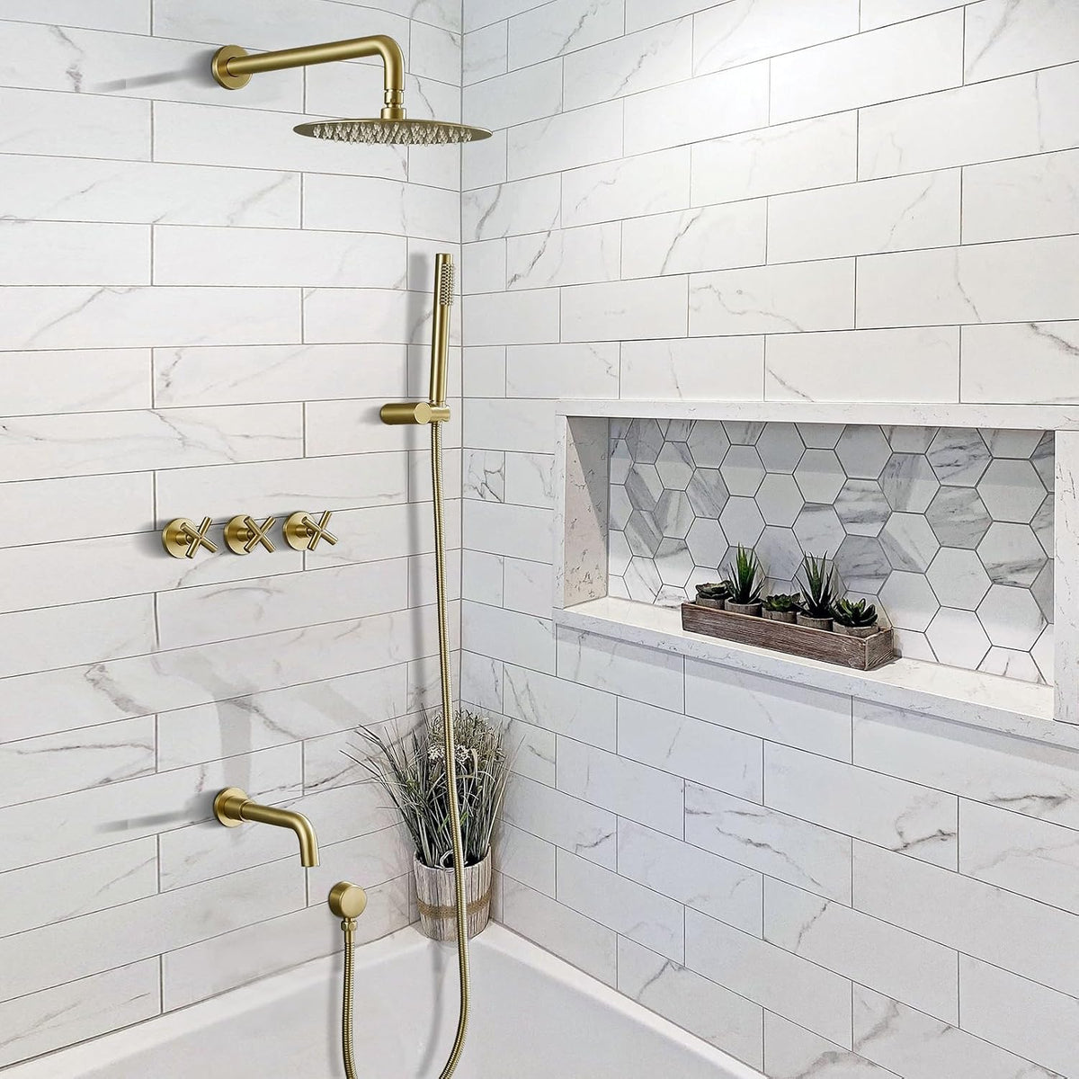 RBROHANT Brushed Gold Shower System with Tub Spout, Brass Bathtub Shower Faucet Set with 3 Way Rough-in Valve,10 Inch Round Shower Head Set with Tub Spout and Handheld, JK0299