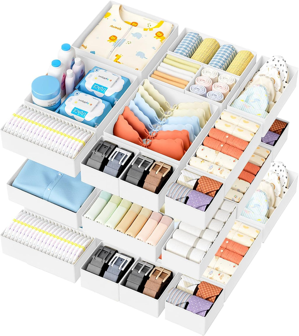 DIMJ Drawer Organizer Clothes Storage - 18 Pack Baby Dresser Organizer for Nursery, Foldable Closet Drawer Organizer Bins for Bedroom Organization, Fabric Storage Dividers for Socks, Underwears, White