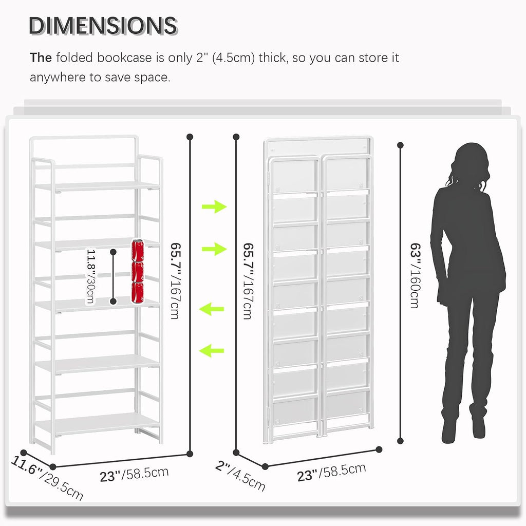 4NM No Assembly 5 Tier Folding Bookshelf Tall Storage Shelves Vintage Bookcase Standing Racks for Bedroom Living Room Home Office