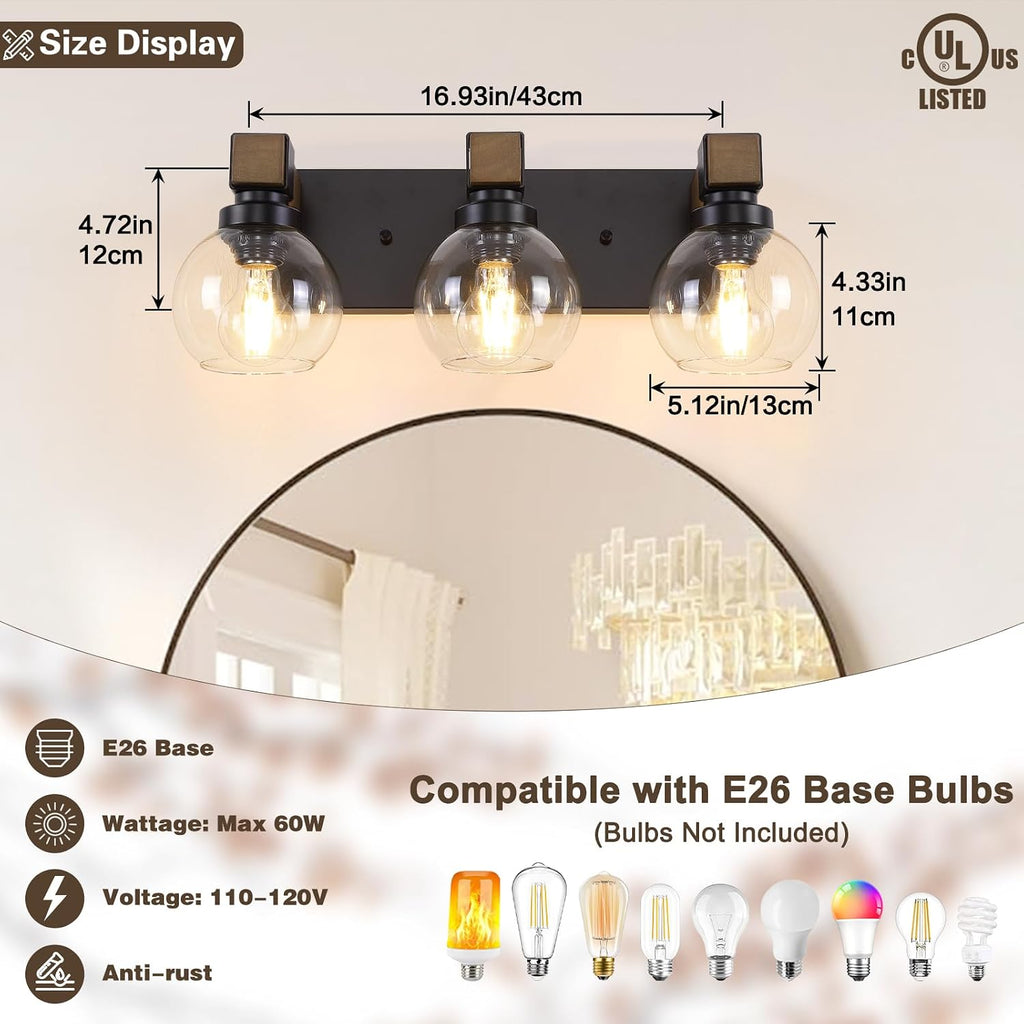 Farmhouse Bathroom Light Fixtures, 3-Light Rustic Wood Bathroom Lights Over Mirror with Glass Globe Shades, Matte Black Wall Mounted Lamp Vanity Lights for Bathroom Bedroom Living Room Cabinet