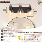 Farmhouse Bathroom Light Fixtures, 3-Light Rustic Wood Bathroom Lights Over Mirror with Glass Globe Shades, Matte Black Wall Mounted Lamp Vanity Lights for Bathroom Bedroom Living Room Cabinet