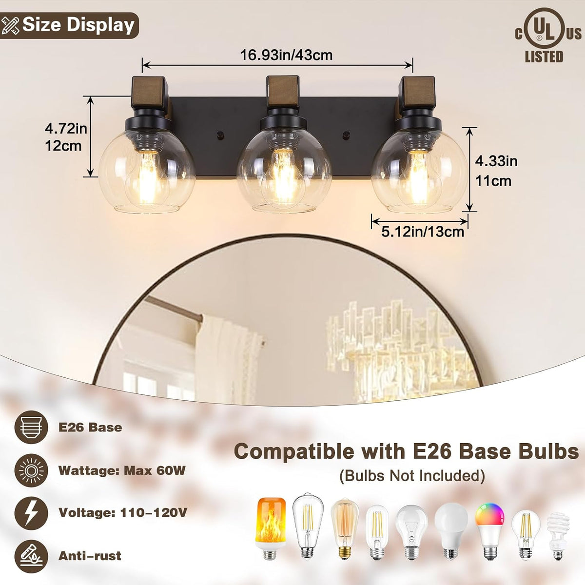 Farmhouse Bathroom Light Fixtures, 3-Light Rustic Wood Bathroom Lights Over Mirror with Glass Globe Shades, Matte Black Wall Mounted Lamp Vanity Lights for Bathroom Bedroom Living Room Cabinet