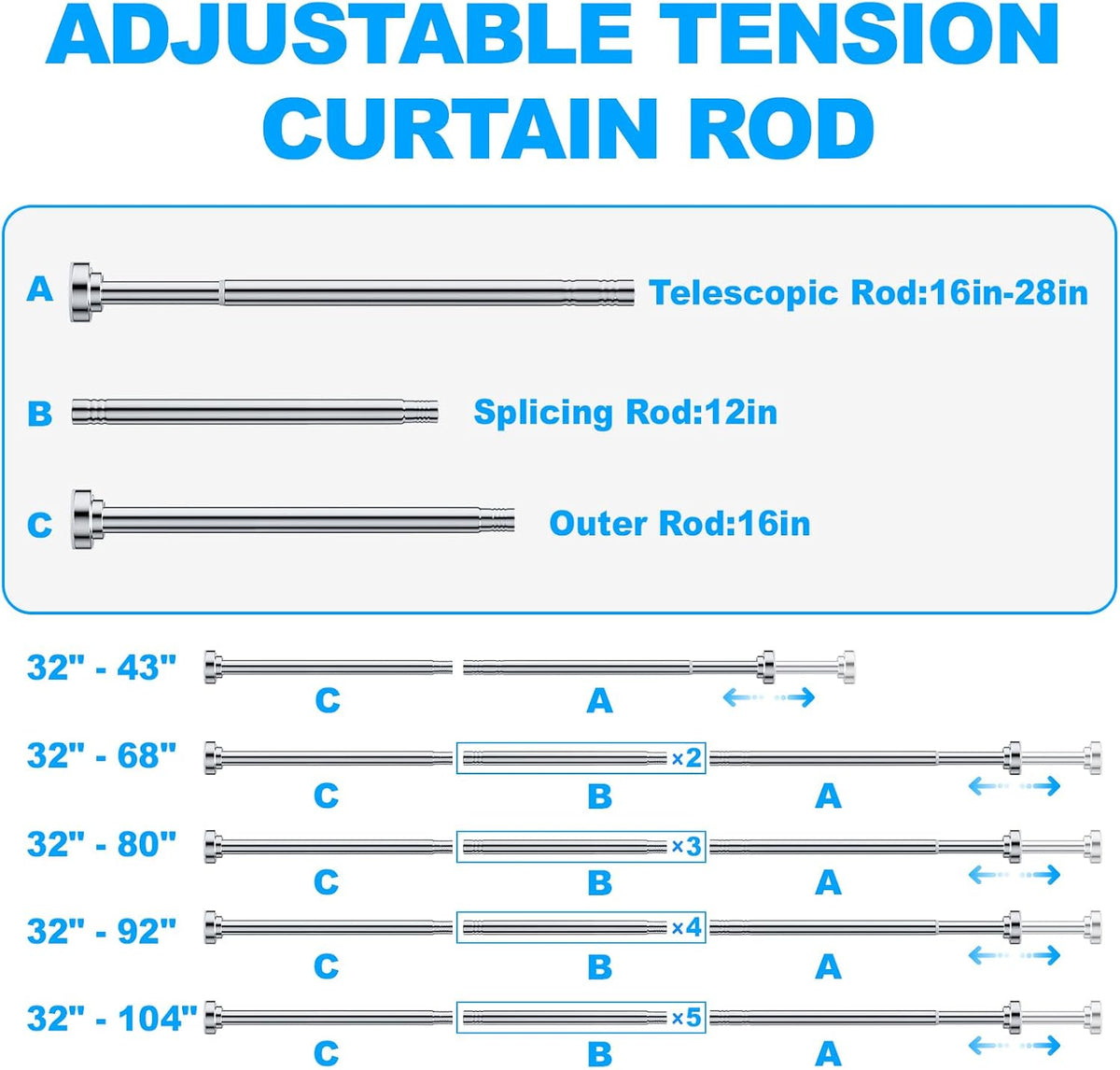 TEECK Shower Curtain Rod, 32-80 inch Adjustable Spring Tension Curtain Rod, Never Rust Anti-Slip Shower Curtain Rod for Bathroom, No Drilling, Never Collapse, Easy to Use, Silver