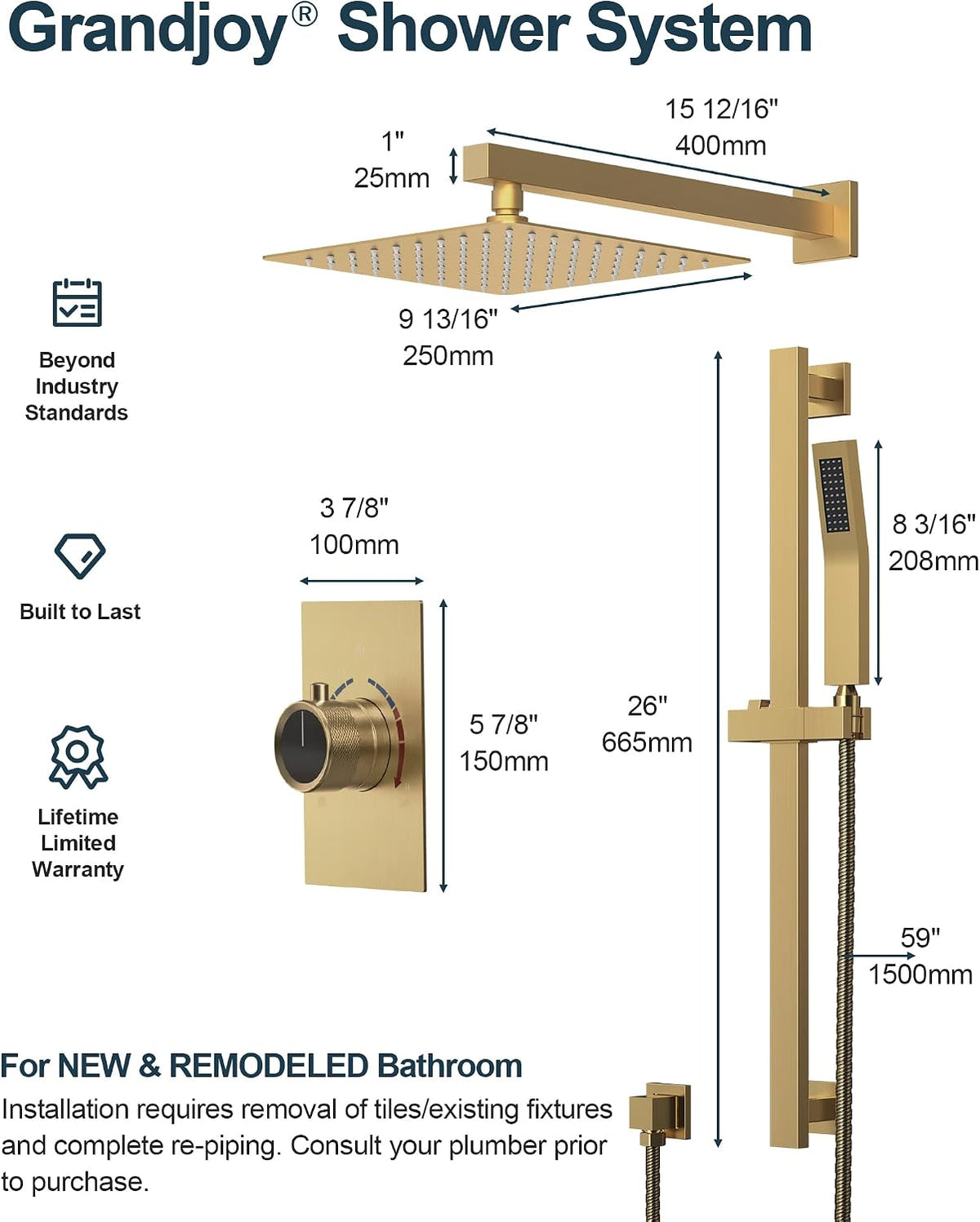 10-Inch Shower System with Handheld and Slide Bar, Brushed Gold