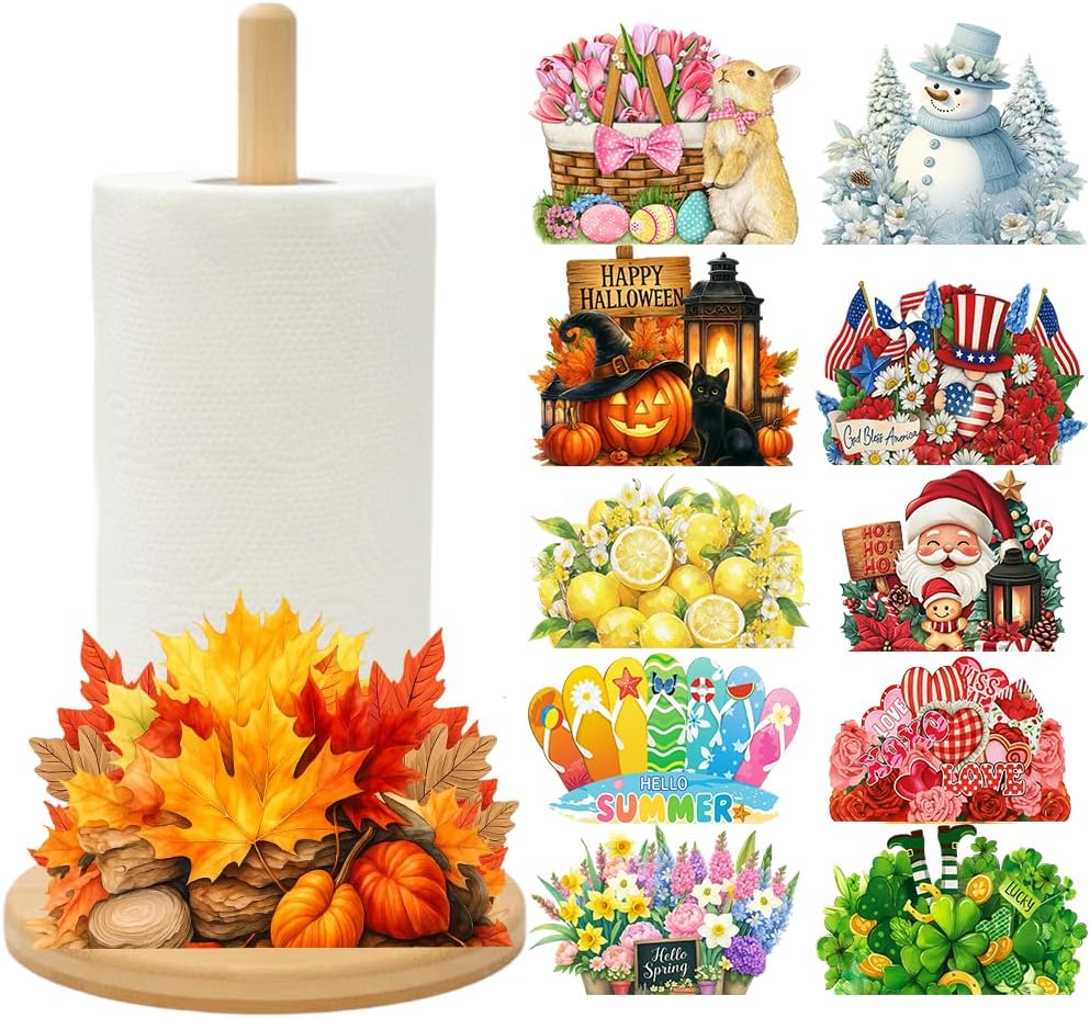 Bamboo Paper Towel Holder with 11 Set Interchangeable Holiday Signs, Rustic Kitchen Decor | Seasonal Countertop Stand for Christmas,Spring,Summer,Fall,Winter,Valentine's Day,Easter,Halloween,