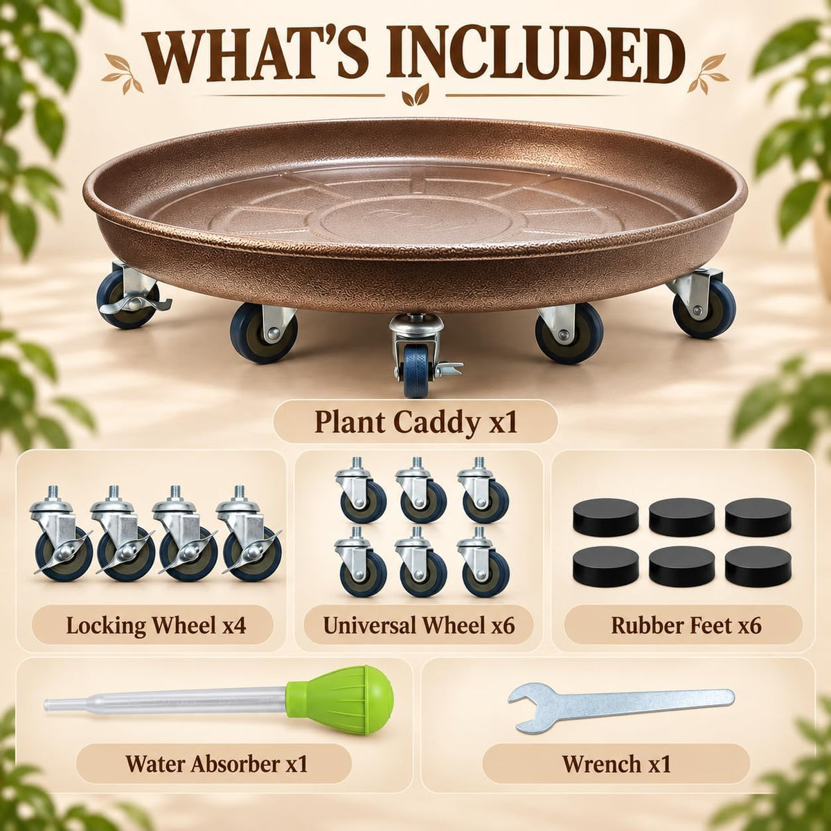 1 Pack 23 Inch Metal Plant Caddy, Copper