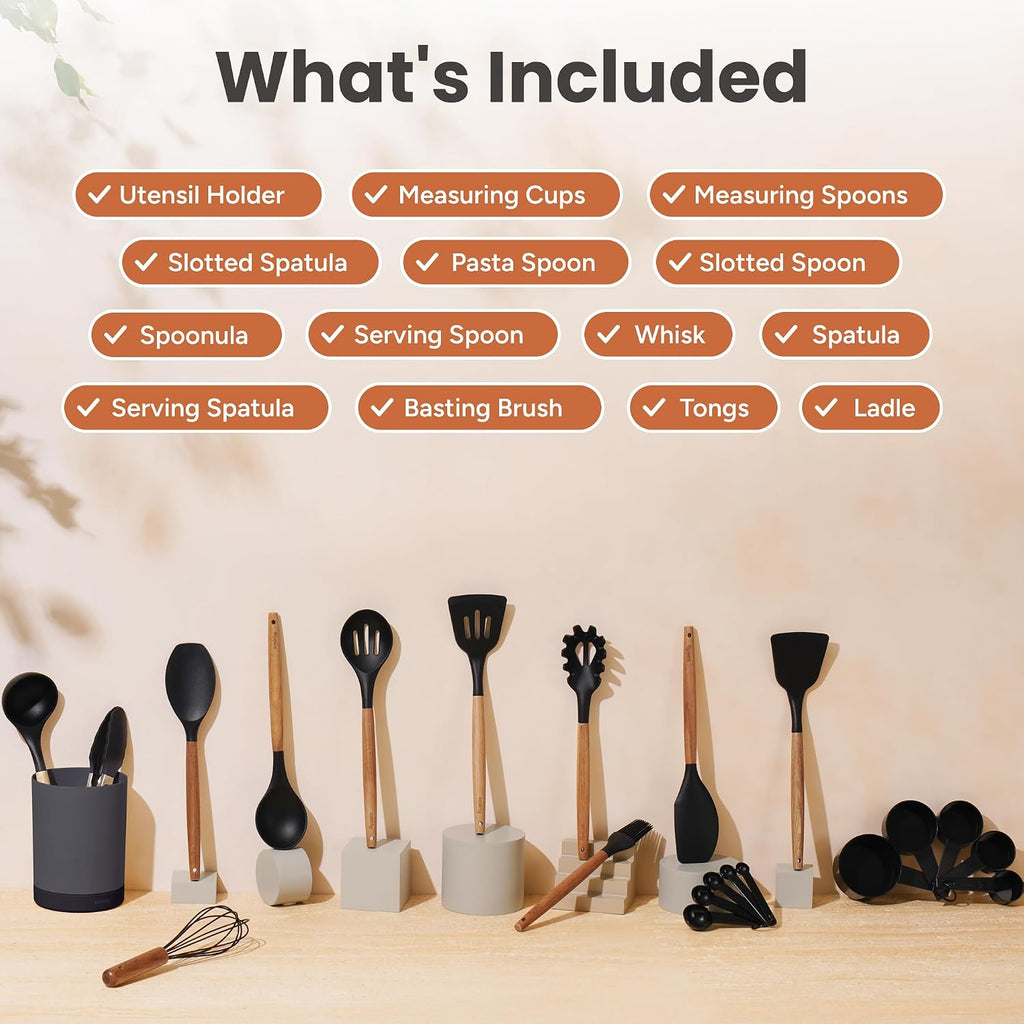 SMIRLY Silicone Kitchen Utensils Set, 22-Piece Acacia Wood Handle, Black