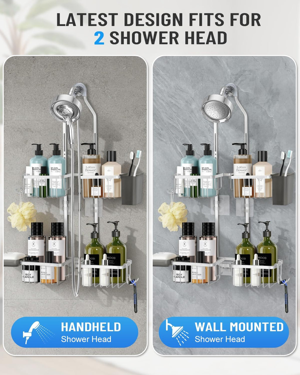 Adjustable Shower Caddy Hanging for Handheld Showerheads - Never Rust Shower Hanging Organizer, Upgraded Bathroom Shower Rack with Soap Basket, Hooks and Toothbrush Holder (Silver)