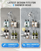 Adjustable Shower Caddy Hanging for Handheld Showerheads - Never Rust Shower Hanging Organizer, Upgraded Bathroom Shower Rack with Soap Basket, Hooks and Toothbrush Holder (Silver)