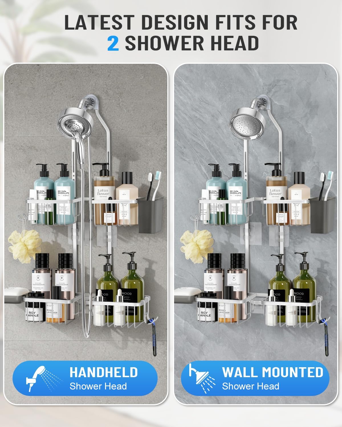 Adjustable Shower Caddy Hanging for Handheld Showerheads - Never Rust Shower Hanging Organizer, Upgraded Bathroom Shower Rack with Soap Basket, Hooks and Toothbrush Holder (Silver)