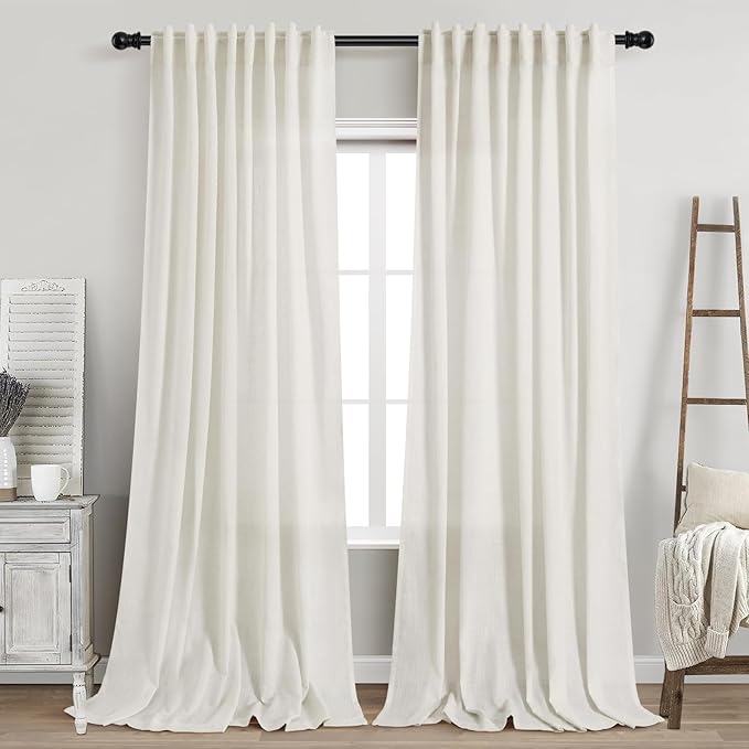 Linen Light Filtering Curtains 96 Inches Long 2 Panels Long Cream Semi Sheer by Nanspring