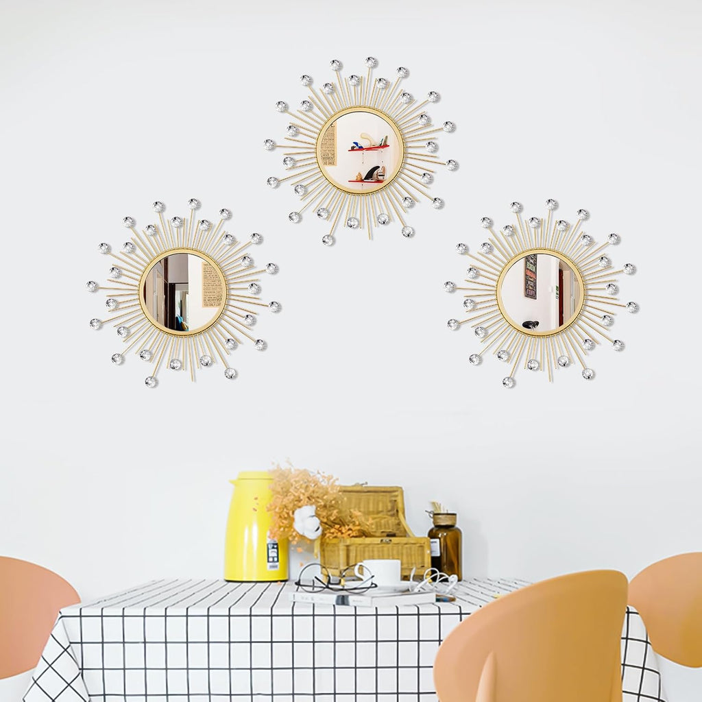 3 Pack Metal Mirrors for Wall Sunburst Wall Mirror Gold Crystal Home Accent