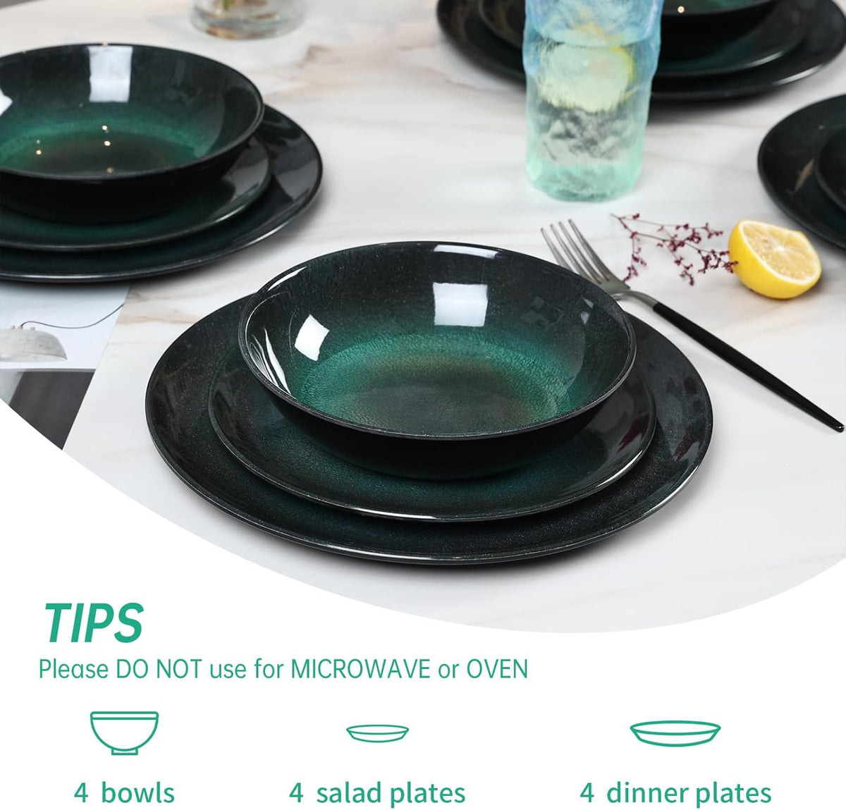 12pcs Plates and Bowls Set, Green Dinner Dishes Set