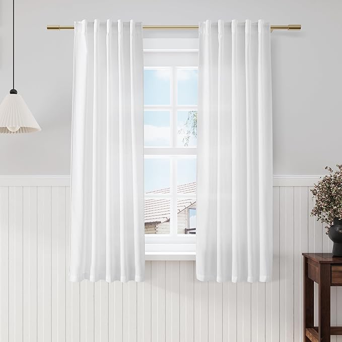 Nanspring White Short Linen Curtains 60 inches Long 2 Panels Set Back Tab Rod by Nanspring
