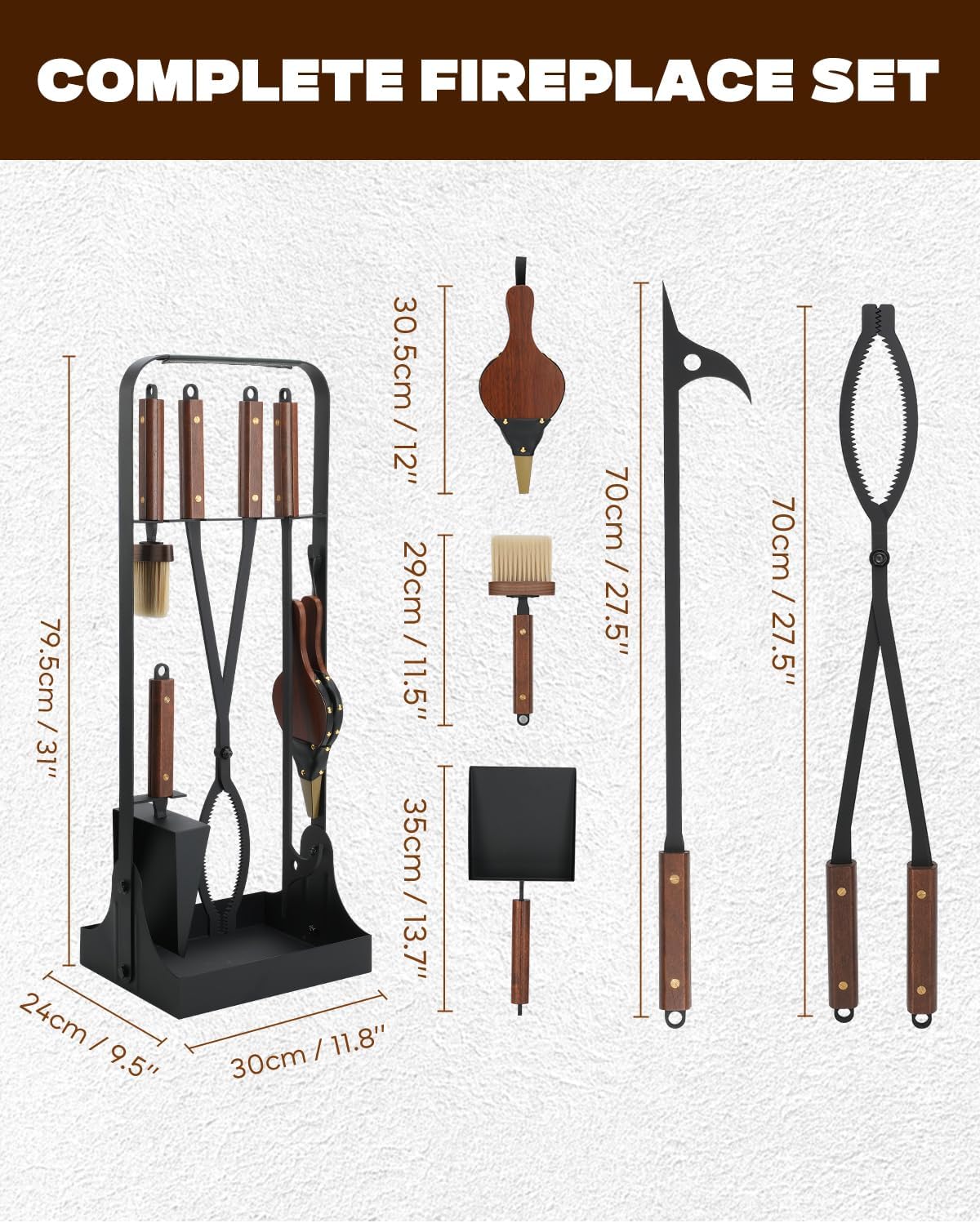 Heavy Duty 6 pcs Fireplace Tool Set - Hearth Accessories for Indoor Outdoor
