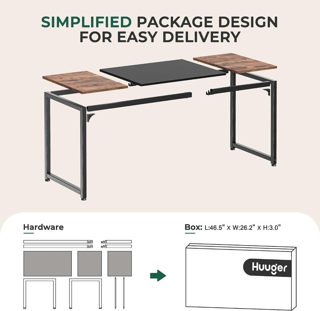 Huuger Computer Desk, 63 Inch Office Desk, Gaming Desk with Storage, Writing Desk Work Desk for Home Office, Study, Modern Simple Desk, Large Legroom, Metal Frame, Rustic Brown and Black