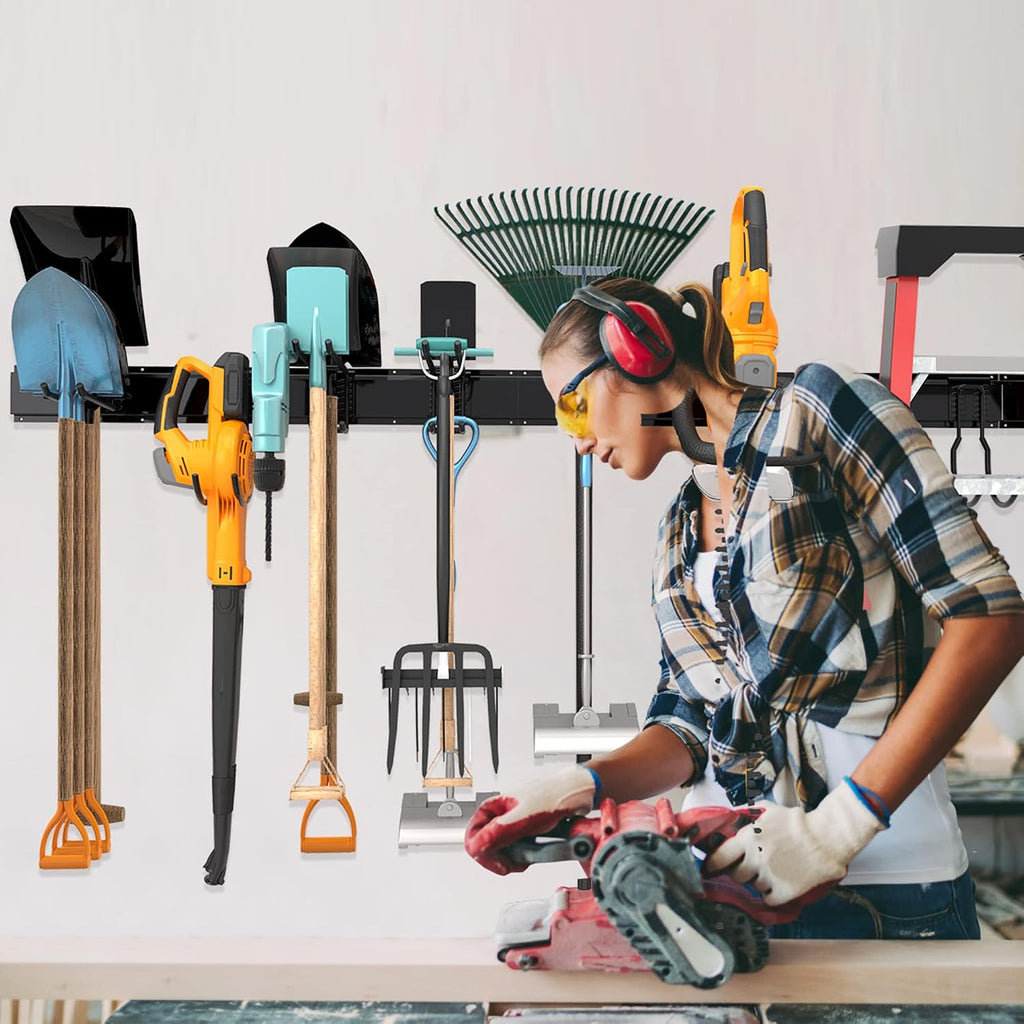 Garage Wall Organizer, Heavy Duty Tool Hangers for Garage Wall with 8 Double Hooks & 3 Rails, Tool Organizer Wall Mount, Garage Hanging Storage Rack for Shovel, Rake, Broom and Ski Gear