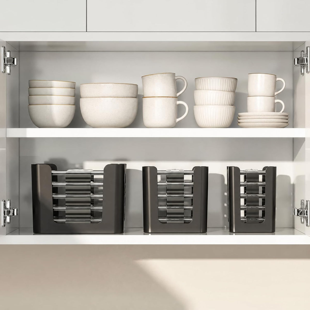 Food Container Lid Organizer for Rubbermaid Brilliance Lid, 3-Piece Lid Organizers for Cabinet, Holds 24 Snap-On Lids, Stackable Kitchen Cabinet Organizer for 0.5, 1.3, 3.2 & 4.7 Cup Lids, Black