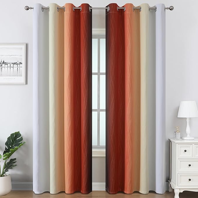 Estelar Textiler Burnt Orange and Greyish White Ombre Blackout Curtains 84 Inch - Image 2