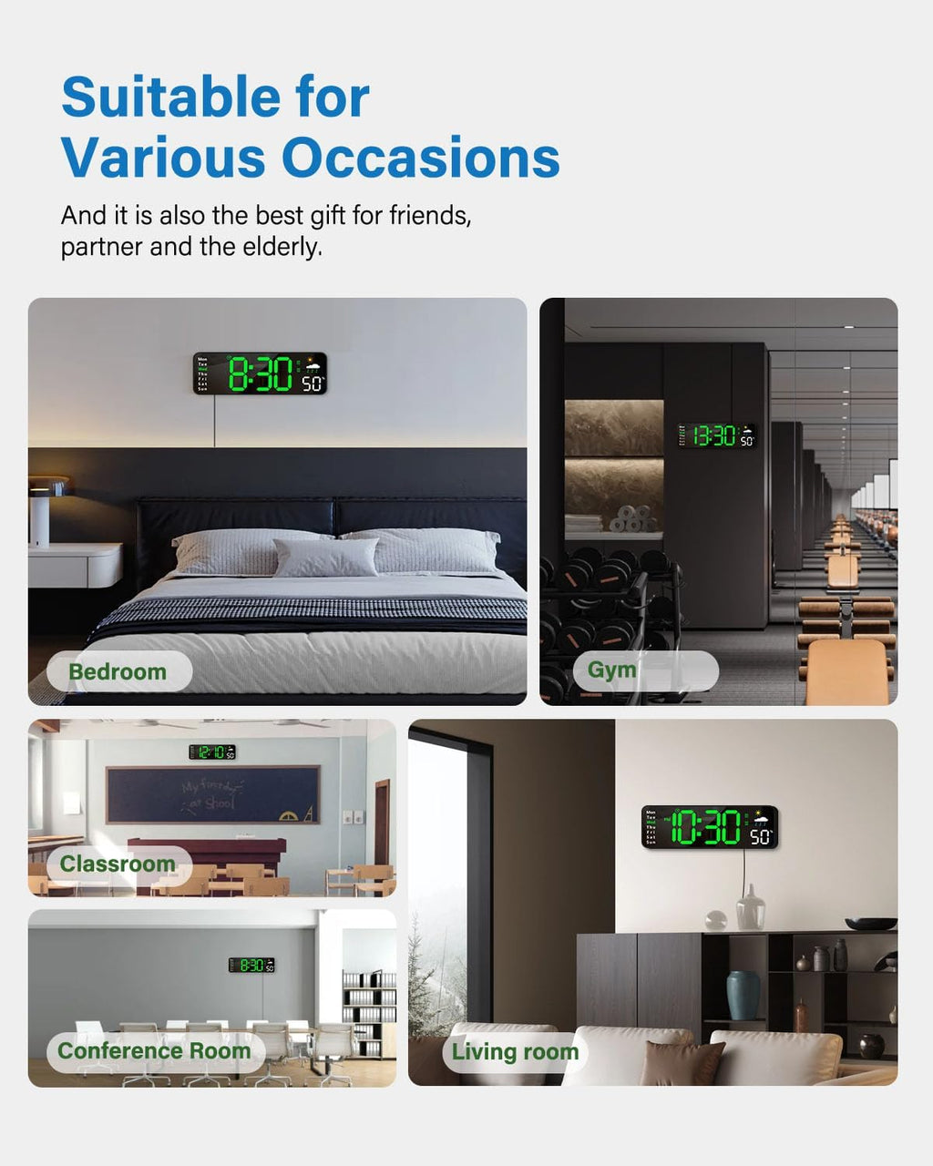 Digital Wall Clock, Digital Clock Large Display with Remote Control, Corded LED Alarm Clocks with Date, Week, Temp, Humidity, Auto DST, Countdown, for Living Room Bedroom Classroom Office (Green)