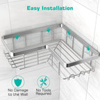 YASONIC Corner Adhesive Shower Caddy, with Soap Holder and 12 Hooks, Rustproof Stainless Steel Bathroom Organizer, No Drilling Wall Mounted Rack, Brushed Silver, 3-Pack