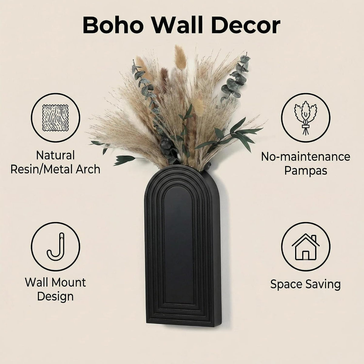 Set of 2 Wooden Wall Vases with Dried Pampas Grass & Eucalyptus, Boho Farmhouse Decor for Living Room, Entryway, Bathroom, Rustic Home Art(Black)