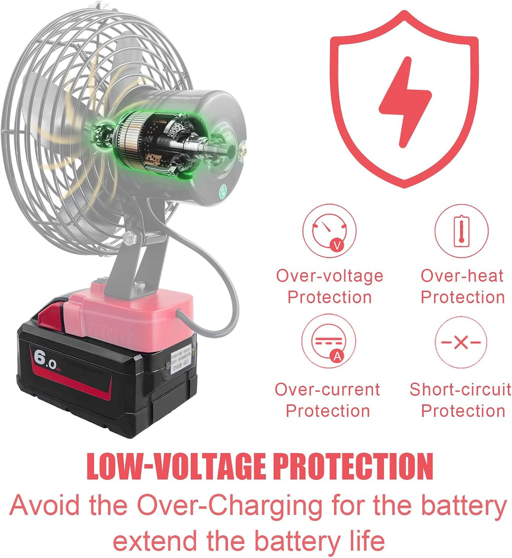 Portable Cordless Fan Compatible with Milwaukee 18V Battery,Battery-powered Cooling Fan for Workshop Outdoor Camping Travel,Powerful Air Circulation at Work,Jobsite Blower Bare Tool
